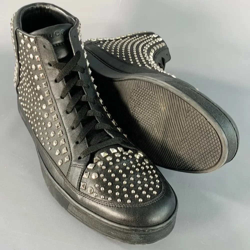 GUCCI Limited Edition Size 14 Black Silver Studded Leather High Top Sneakers